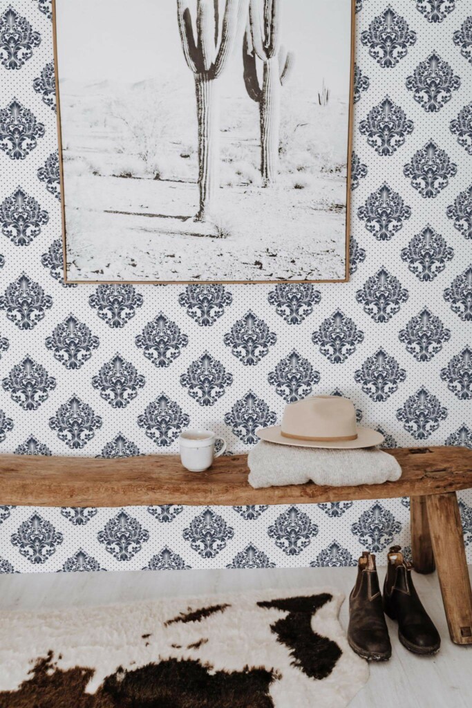 Scandinavian style entryway decorated with Blue Damask peel and stick wallpaper