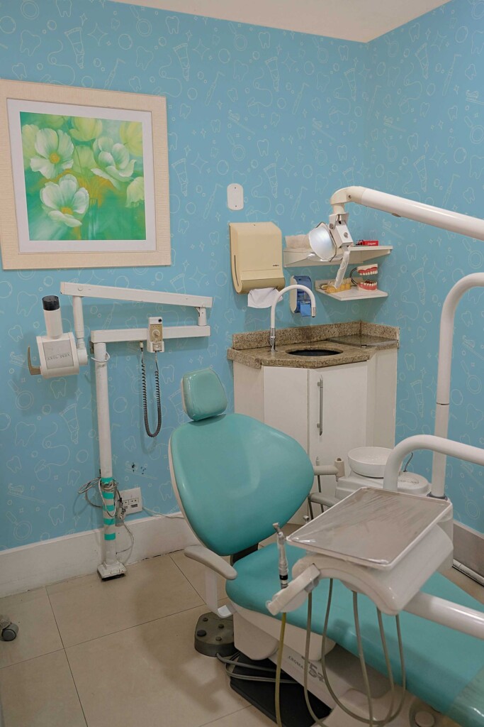 Fancy Walls removable wallpaper featuring blue dental icons and tools
