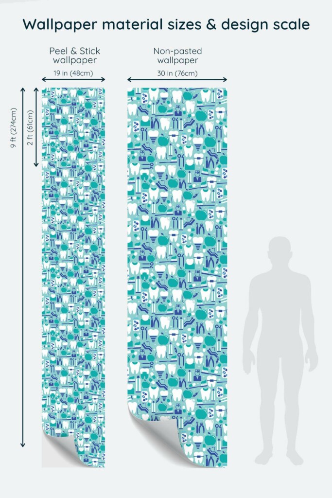 Size comparison of Blue Dental Harmony Peel & Stick and Non-pasted wallpapers with design scale relative to human figure