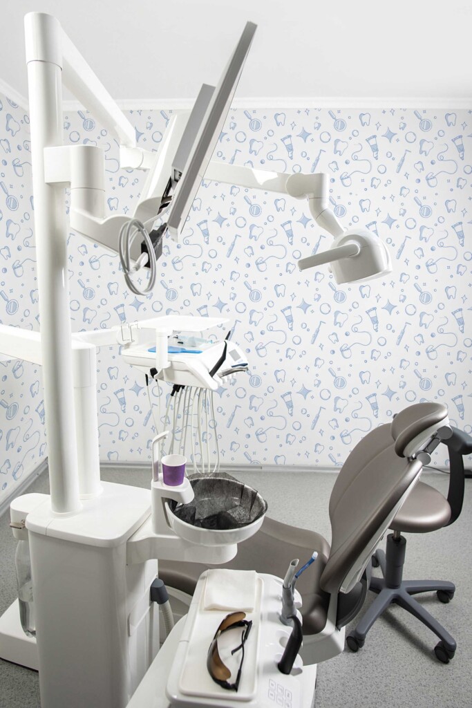 Blue and white peel and stick wallpaper with dental motifs by Fancy Walls