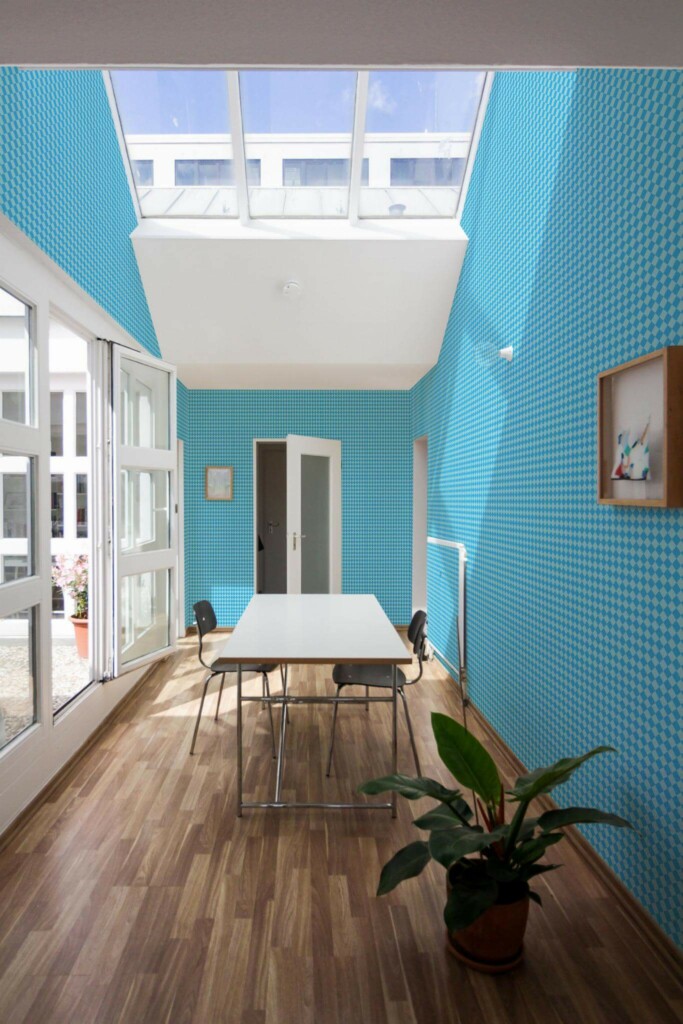 Minimal style dining room next to a balcony decorated with Blue diamond pattern peel and stick wallpaper
