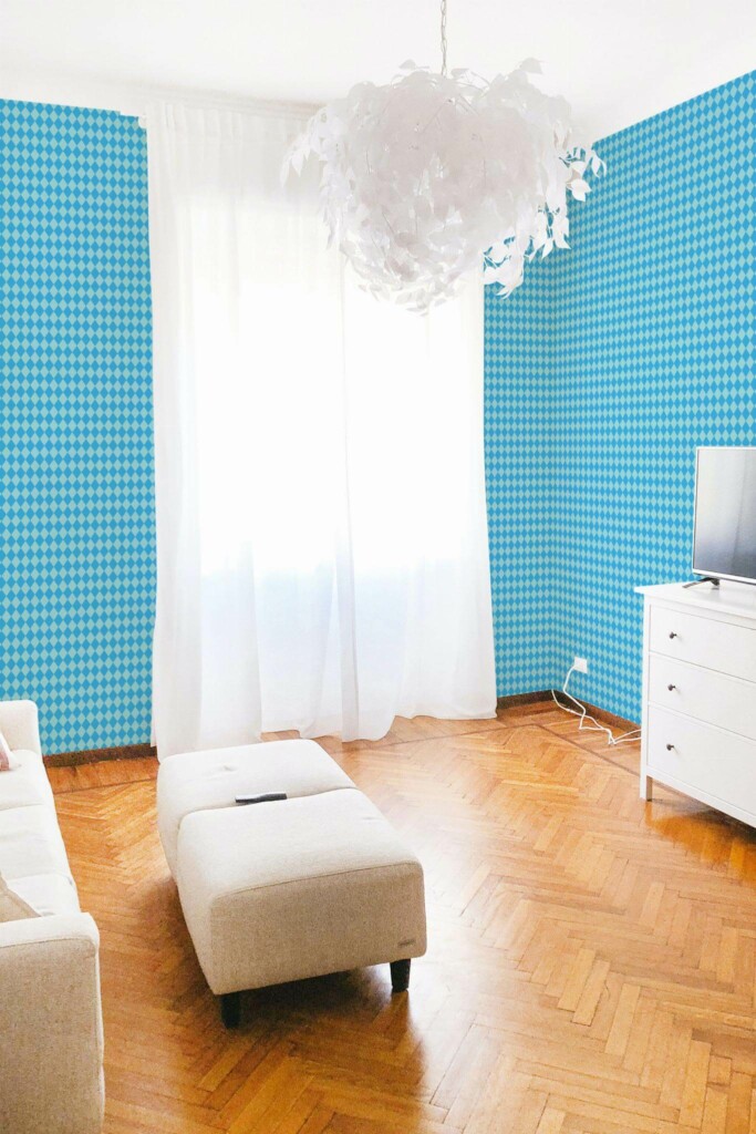 Modern boho style living room decorated with Blue diamond pattern peel and stick wallpaper