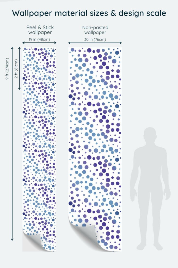 Size comparison of Blue dots Peel & Stick and Non-pasted wallpapers with design scale relative to human figure