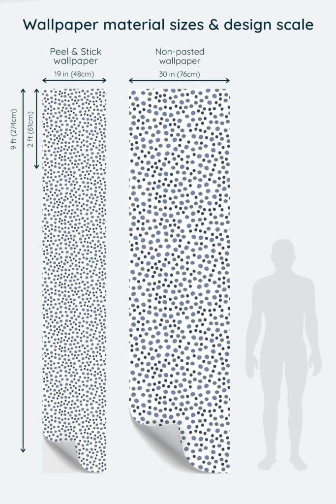 Size comparison of Blue dotted Peel & Stick and Non-pasted wallpapers with design scale relative to human figure