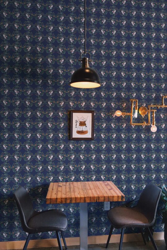 Traditional wallpaper with a blue Christmas birdie twist from Fancy Walls