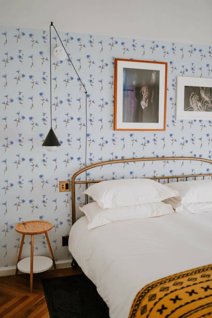 Minimal boho style bedroom decorated with Blue floral peel and stick wallpaper