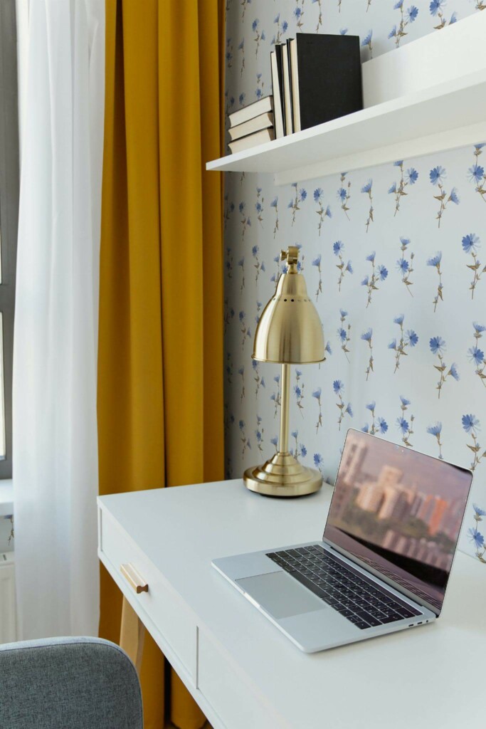 Scandinavian style home office decorated with Blue floral peel and stick wallpaper
