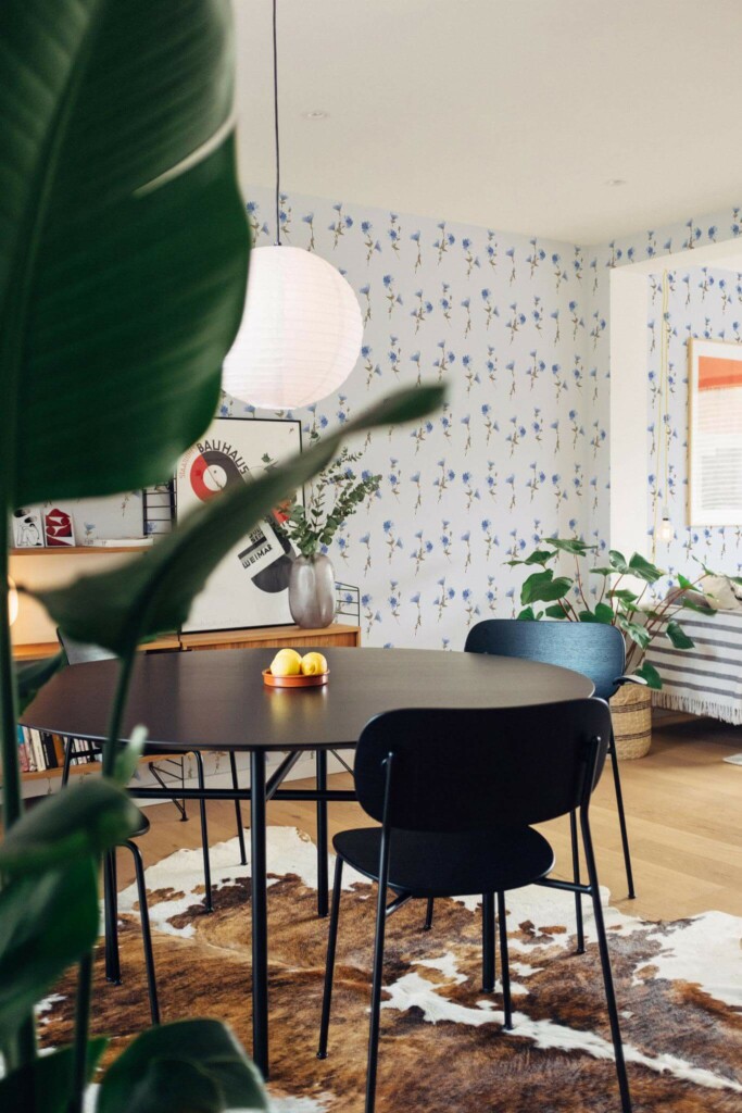 Scandinavian style dining room decorated with Blue floral peel and stick wallpaper