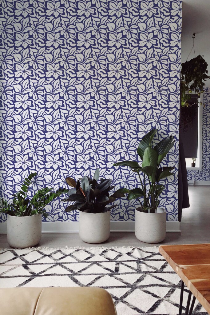 Blue and white Floral abstract print non-pasted wallpaper by Fancy Walls