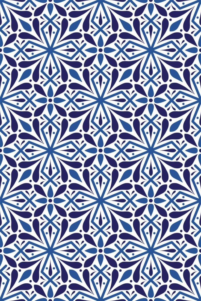 Pattern repeat of Blue floral tile removable wallpaper design