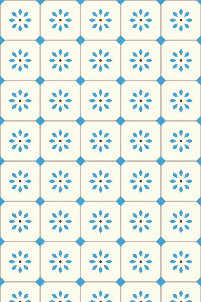 Pattern repeat of Blue Floral Tiles removable wallpaper design