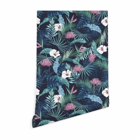 Dark blue tropical floral sticky wallpaper