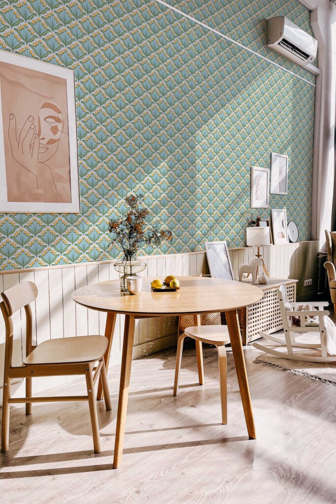 Fancy Walls peel and stick wallpaper in blue floral pattern for dining room walls