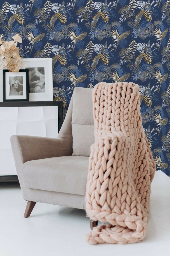 Boho style living room decorated with Blue flower peel and stick wallpaper