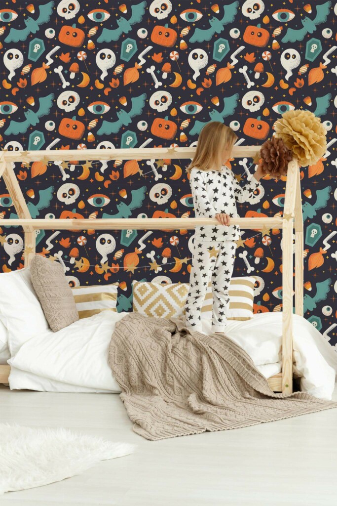 Bohemian style kids room decorated with Blue Fright peel and stick wallpaper