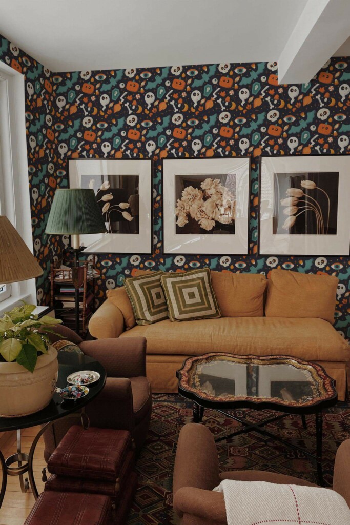 Mid-century eclectic style living room decorated with Blue Fright peel and stick wallpaper