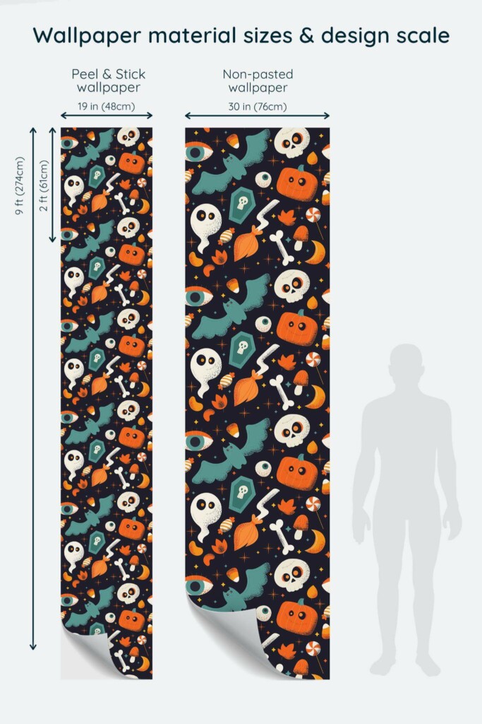 Size comparison of Blue Fright Peel & Stick and Non-pasted wallpapers with design scale relative to human figure