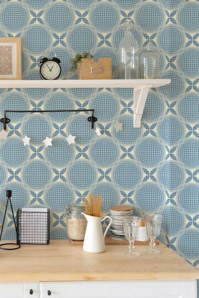 Light farmhouse style kitchen decorated with Blue geometric circles peel and stick wallpaper