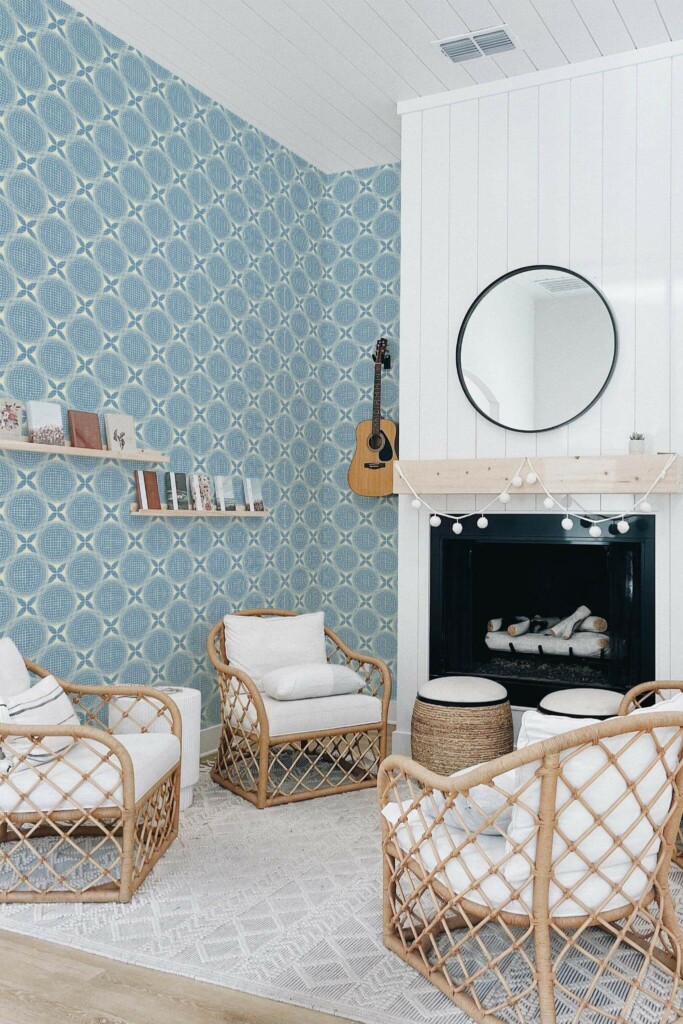 Minimal bohemian style living room decorated with Blue geometric circles peel and stick wallpaper