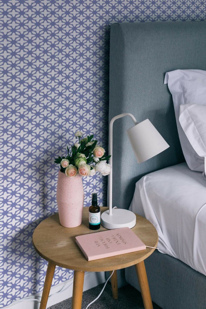 Rustic style bedroom decorated with Blue geometric Floral peel and stick wallpaper