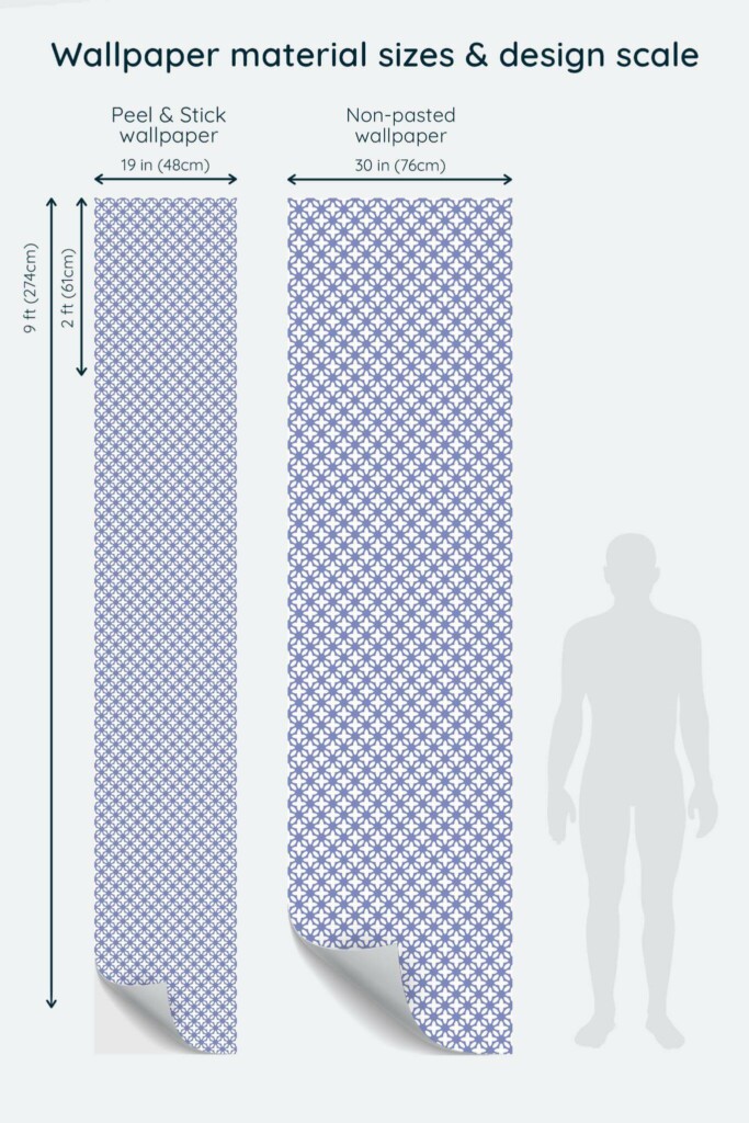 Size comparison of Blue geometric floral Peel & Stick and Non-pasted wallpapers with design scale relative to human figure