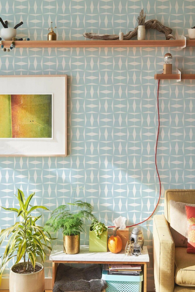 Southwestern style living room decorated with Blue geometric square peel and stick wallpaper