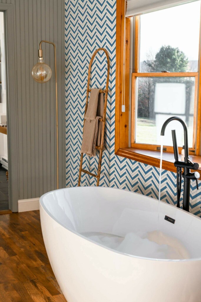 Mid-century modern style bathroom decorated with Blue herringbone peel and stick wallpaper