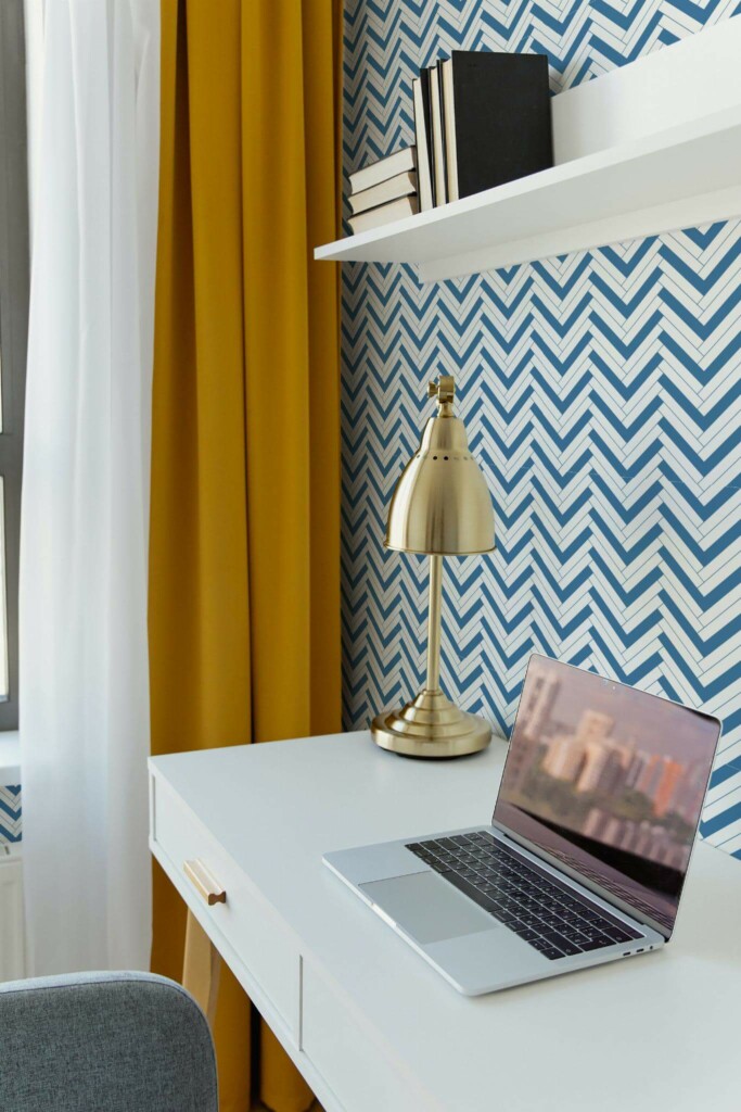 Scandinavian style home office decorated with Blue herringbone peel and stick wallpaper