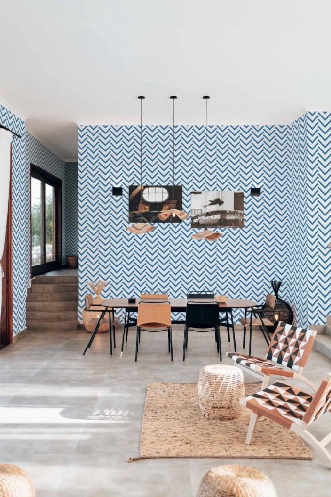 Modern boho style living dining room decorated with Blue herringbone peel and stick wallpaper