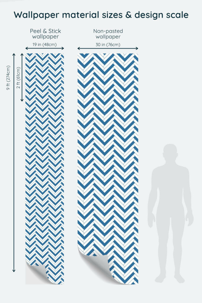 Size comparison of Blue herringbone Peel & Stick and Non-pasted wallpapers with design scale relative to human figure