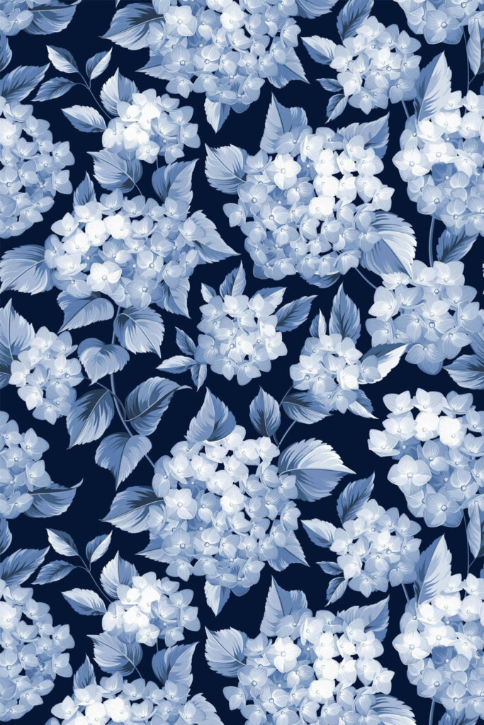 Pattern repeat of Blue hydrangea removable wallpaper design