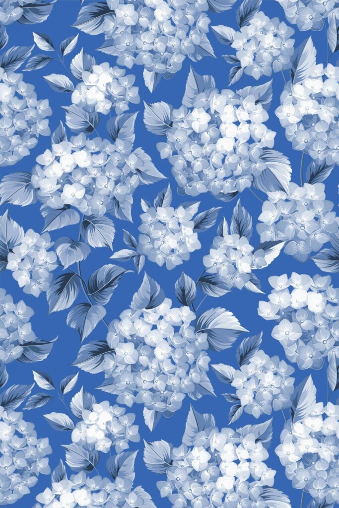 Pattern repeat of Blue hydrangeas removable wallpaper design