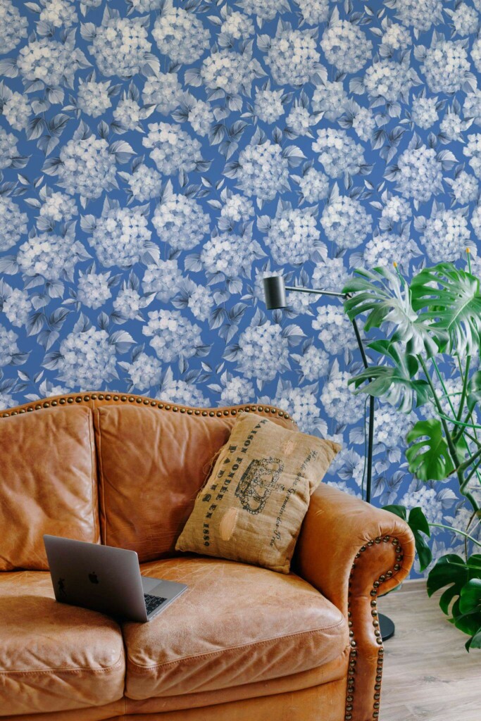 Mid-century modern style living room decorated with Blue hydrangeas peel and stick wallpaper