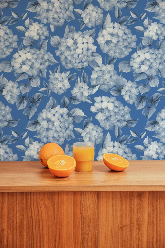 Mid-century style living room decorated with Blue hydrangeas peel and stick wallpaper