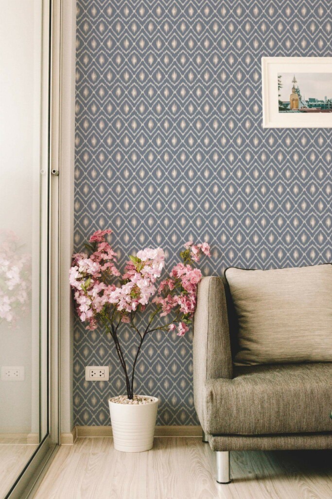 Modern farmhouse style living room decorated with Blue ikat peel and stick wallpaper