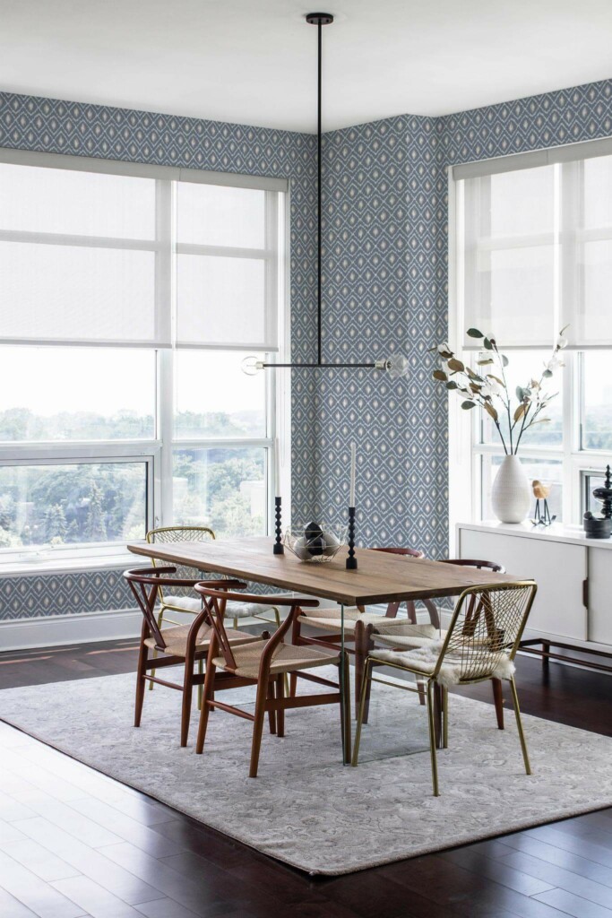 Modern minimalist style dining room decorated with Blue ikat peel and stick wallpaper
