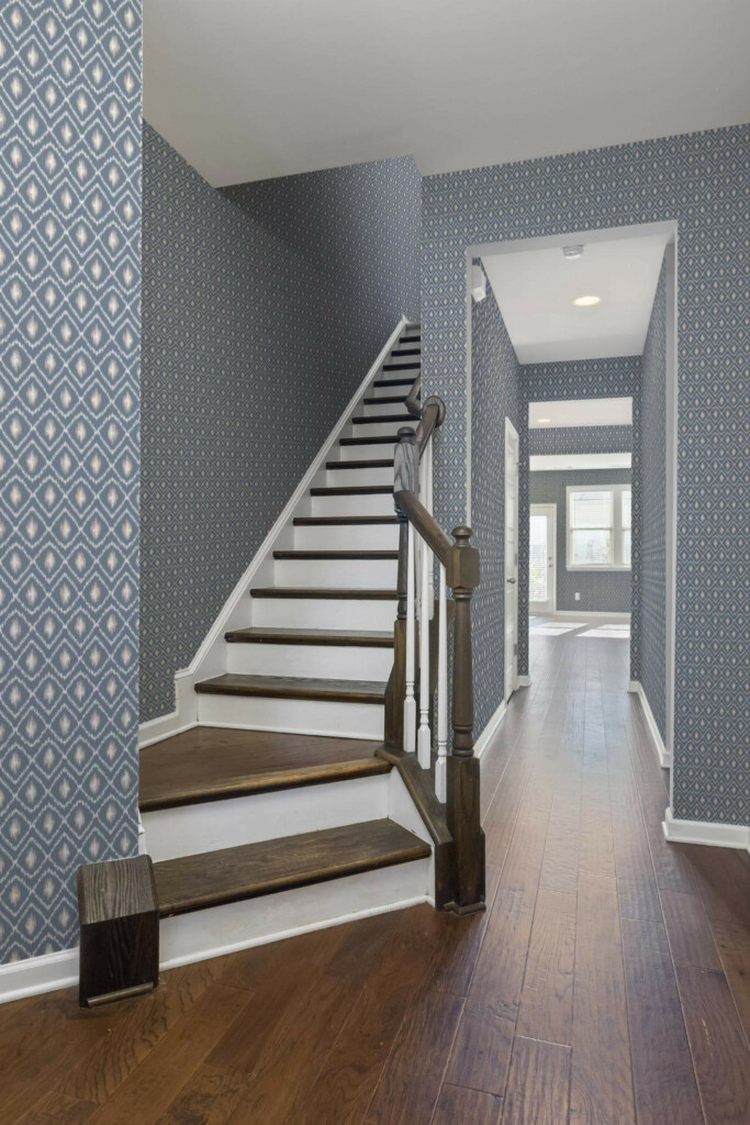 Rustic style hallway decorated with Blue ikat peel and stick wallpaper
