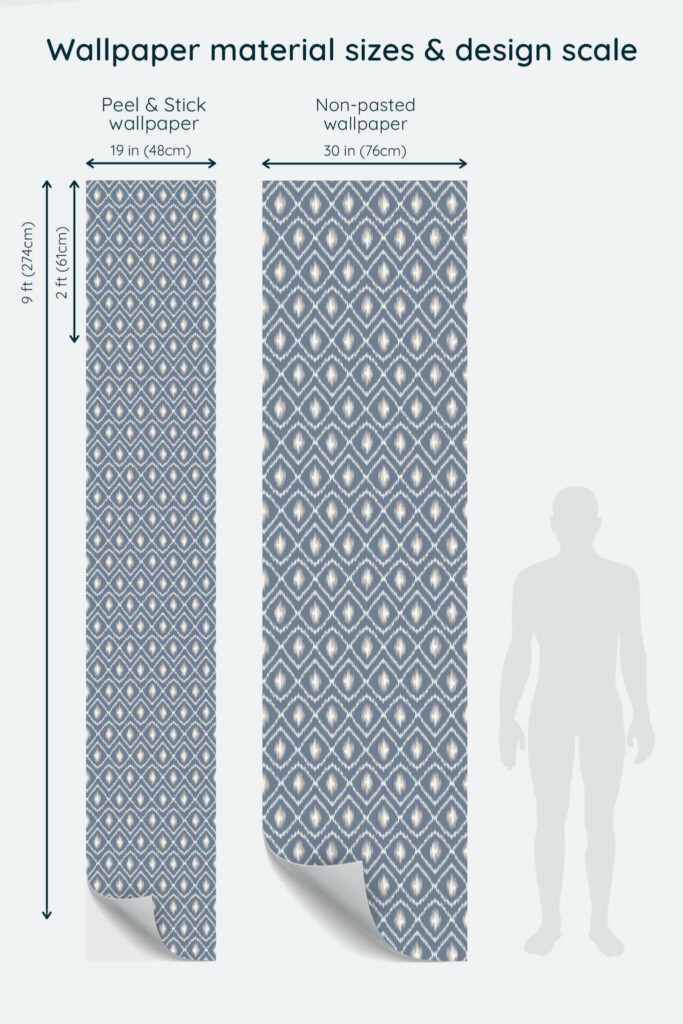 Size comparison of Blue ikat Peel & Stick and Non-pasted wallpapers with design scale relative to human figure