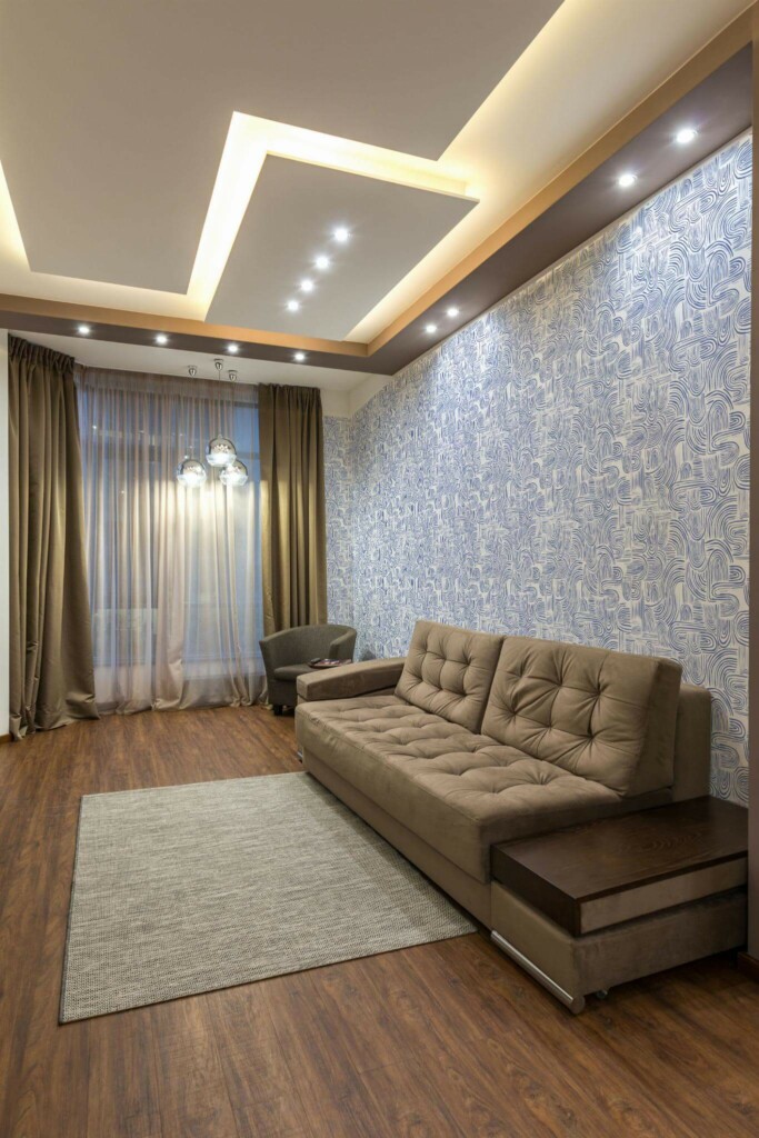 Modern Eastern European style living room decorated with Blue ink peel and stick wallpaper