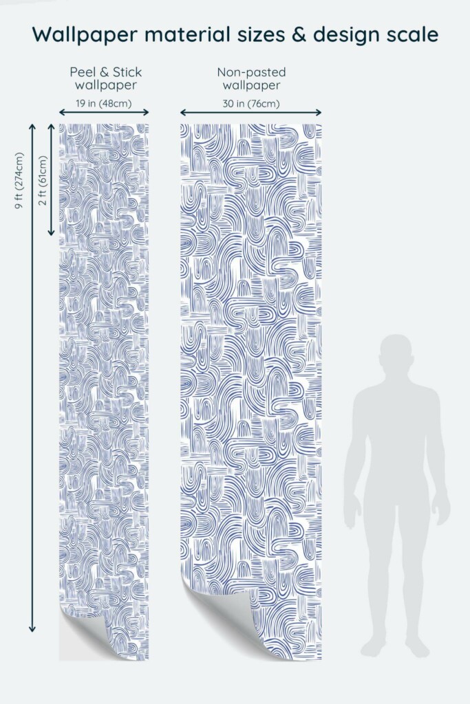 Size comparison of Blue ink Peel & Stick and Non-pasted wallpapers with design scale relative to human figure
