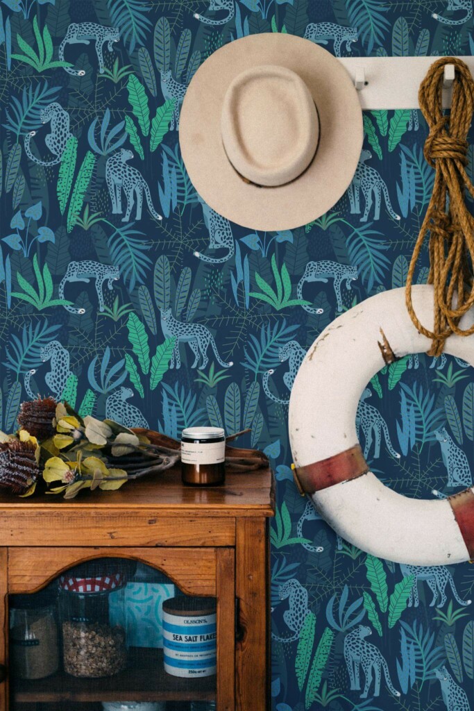 Coastal nautical style living room decorated with Blue jungle peel and stick wallpaper