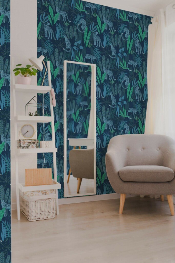 Light boho style living room decorated with Blue jungle peel and stick wallpaper