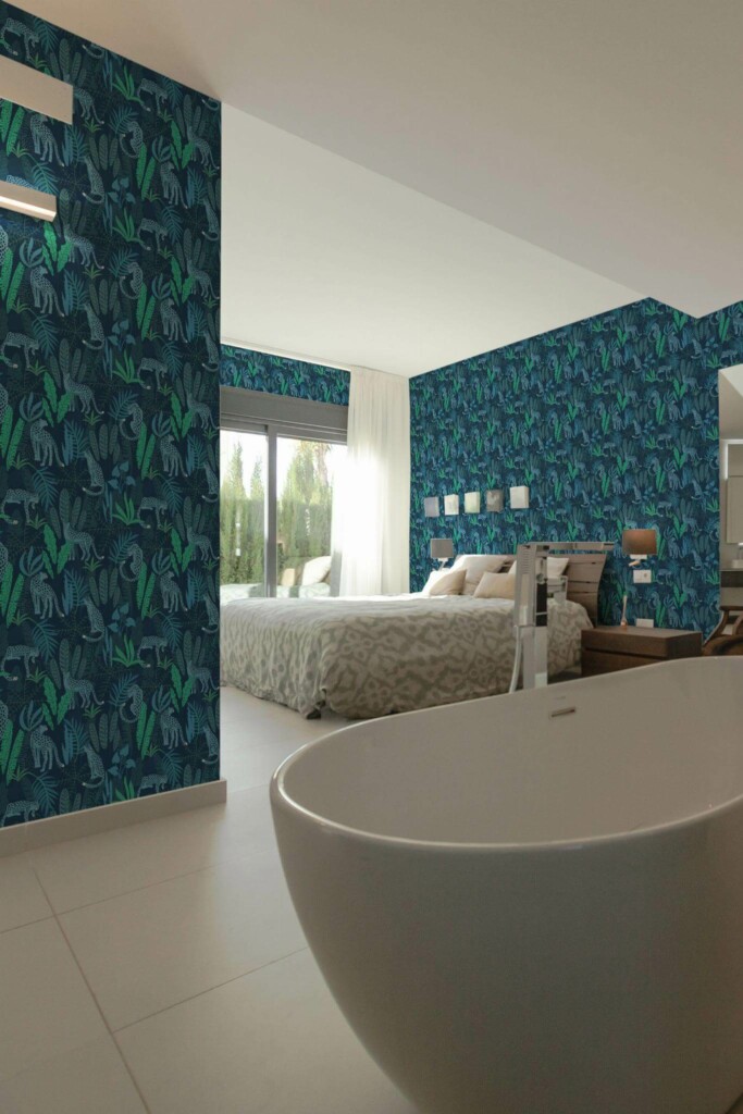 Modern style bedroom with open bathroom decorated with Blue jungle peel and stick wallpaper