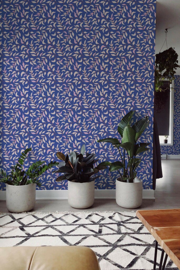 Scandinavian style living room decorated with Blue leaf peel and stick wallpaper