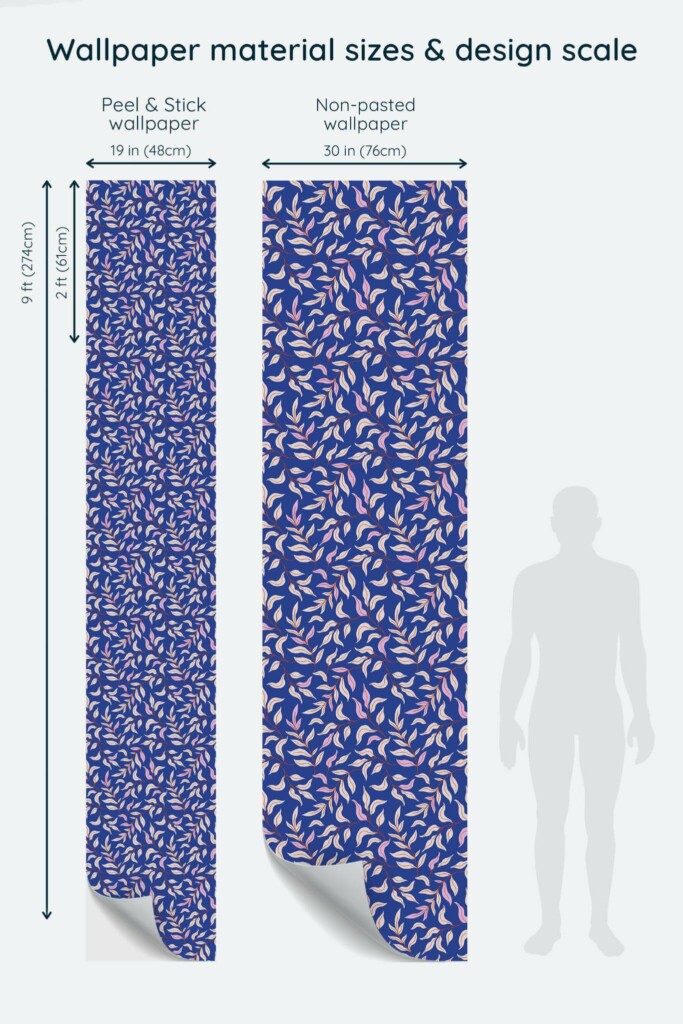 Size comparison of Blue leaf Peel & Stick and Non-pasted wallpapers with design scale relative to human figure