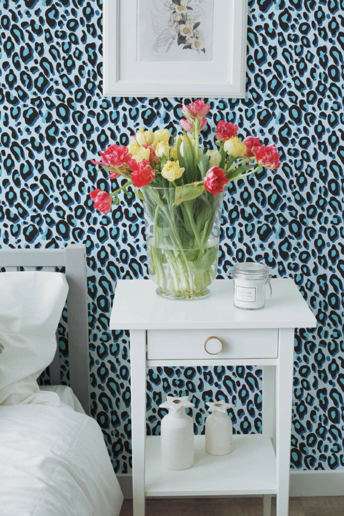 Farmhouse style bedroom decorated with Blue leopard pattern peel and stick wallpaper
