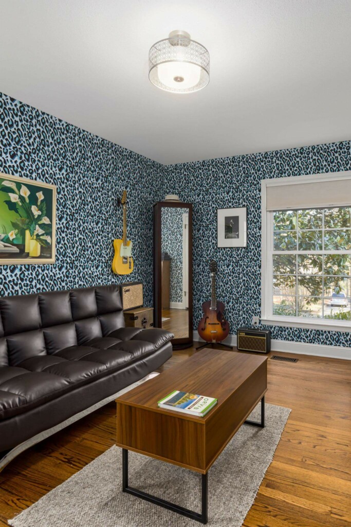 Mid-century style living room decorated with Blue leopard pattern peel and stick wallpaper and music instruments