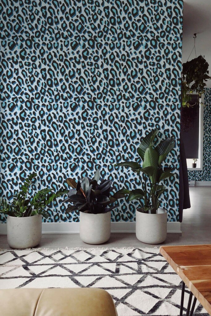 Scandinavian style living room decorated with Blue leopard pattern peel and stick wallpaper