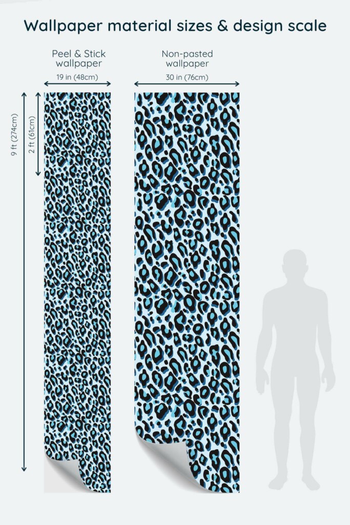 Size comparison of Blue leopard pattern Peel & Stick and Non-pasted wallpapers with design scale relative to human figure