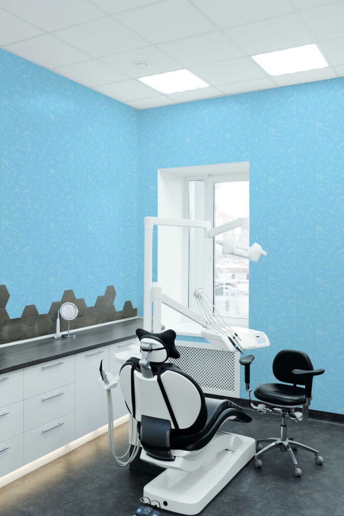 Fancy Walls peel and stick wallpaper with blue line art dental doodles